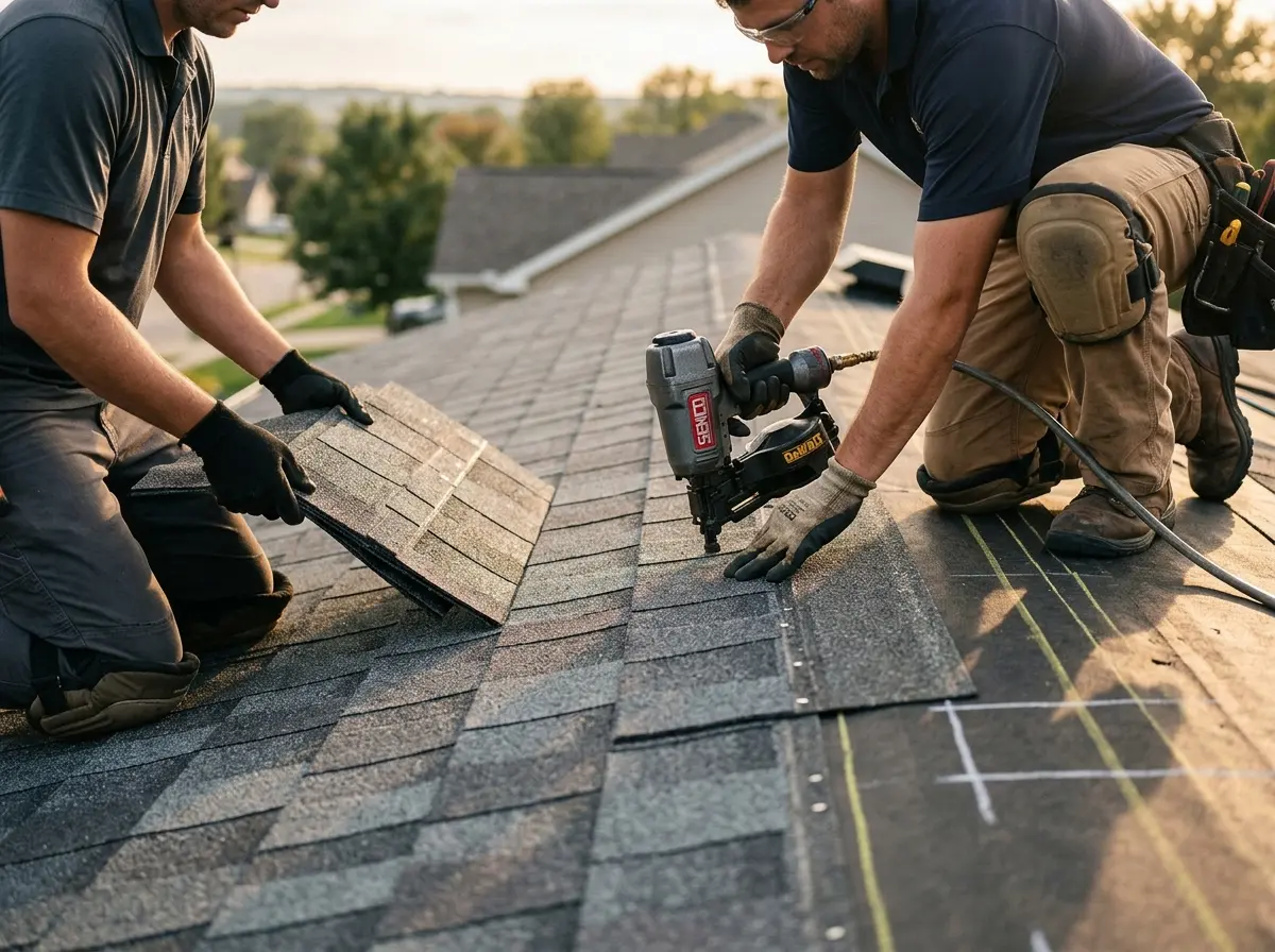 Professional roofer working on a residential roof in Campbell